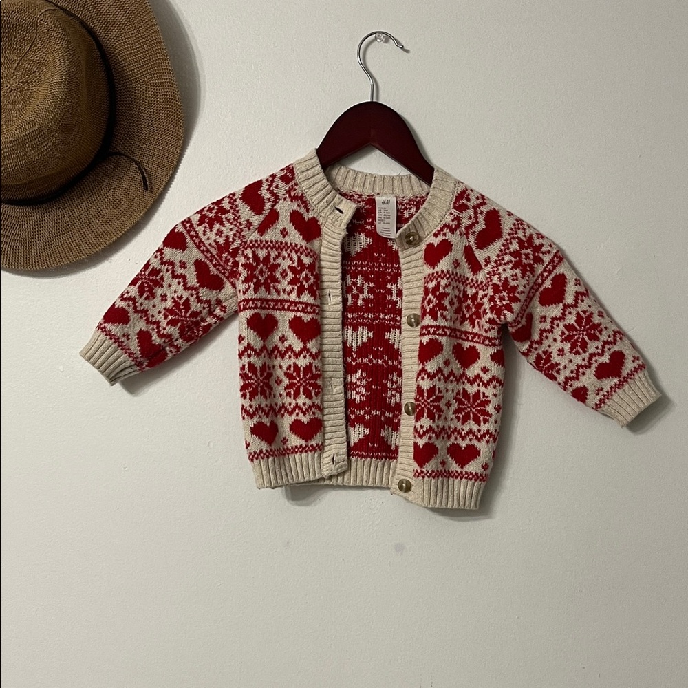 H&M Red & Cream Fair Isle Heart Knit Cardigan